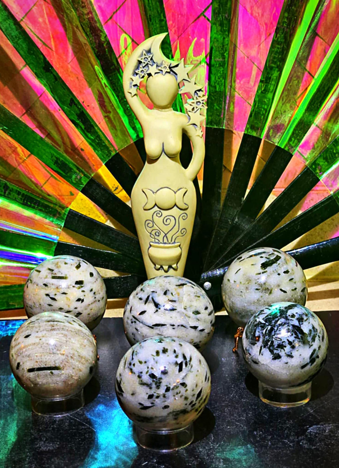 Green Tourmaline in Quartz Spheres - Illuminate