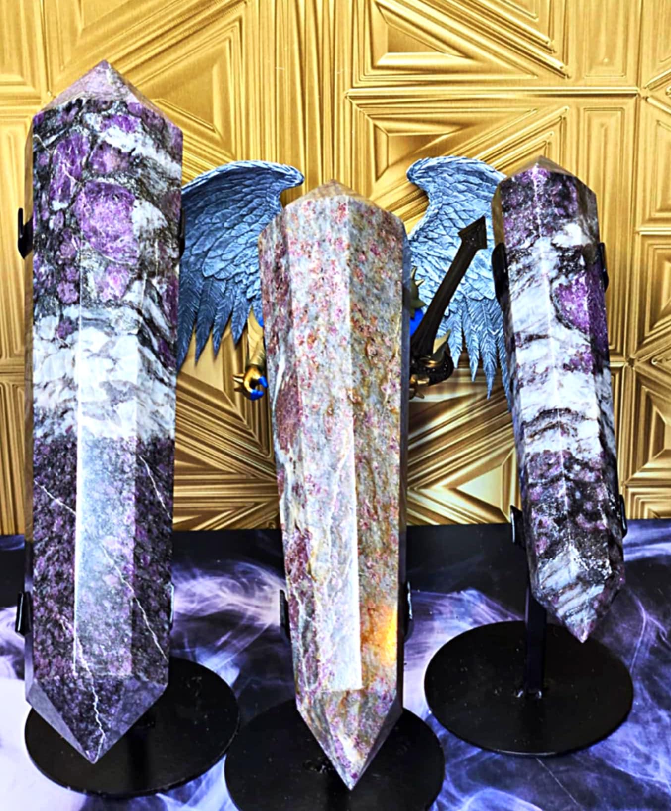 FAFO Pink Garnet in Astrophyllite On Stands - Protect and Defend